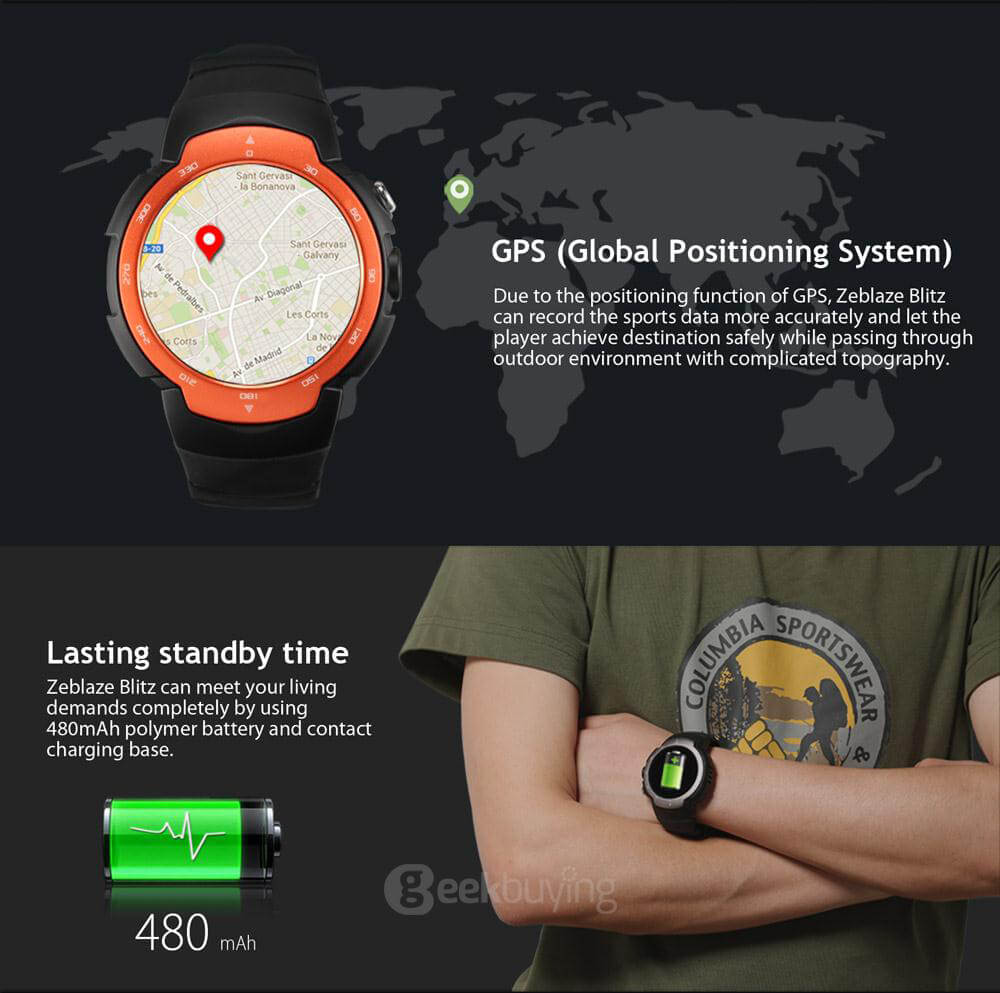 Zeblaze Blitz 3G Smartwatch Phone Android 5.1 MTK6580 Quad Core 1.3GHz 512MB RAM 4GB ROM Bluetooth 4.0 WiFi Google Play GPS Camera - Orange