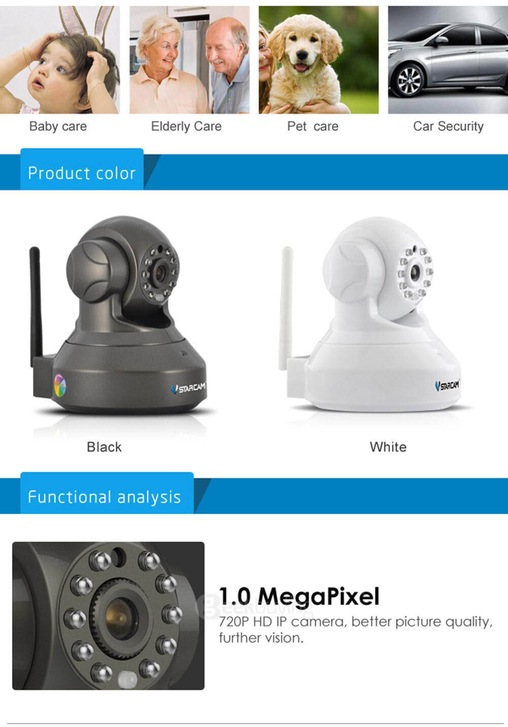 VStarcam C7837WIP IP Camera ONVIF/RTSP Protocol Multi Stream H.264 720P HD Camera - White