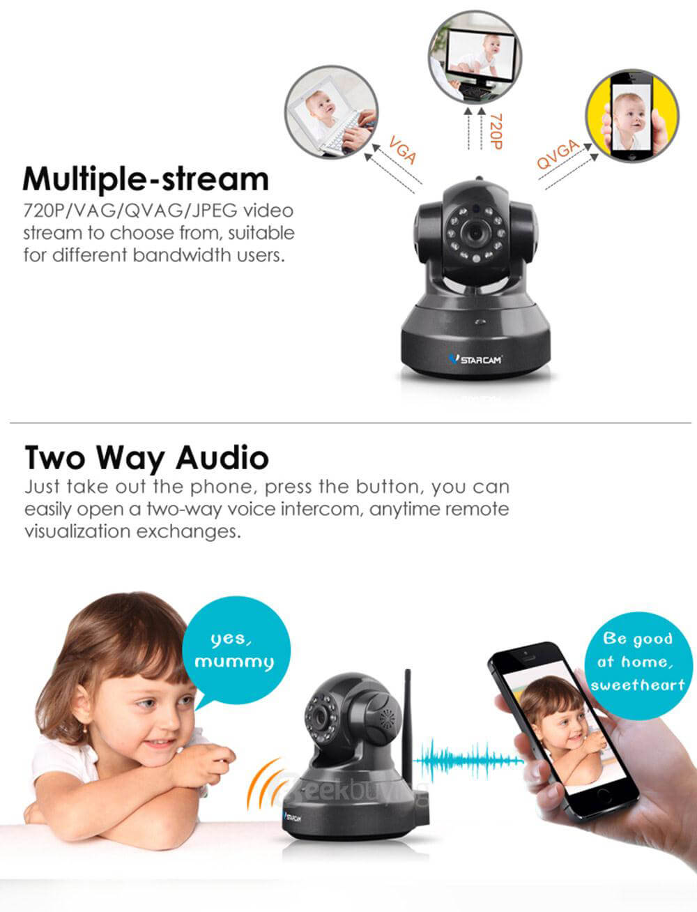 VStarcam C7837WIP IP Camera ONVIF/RTSP Protocol Multi Stream H.264 720P HD Camera - White