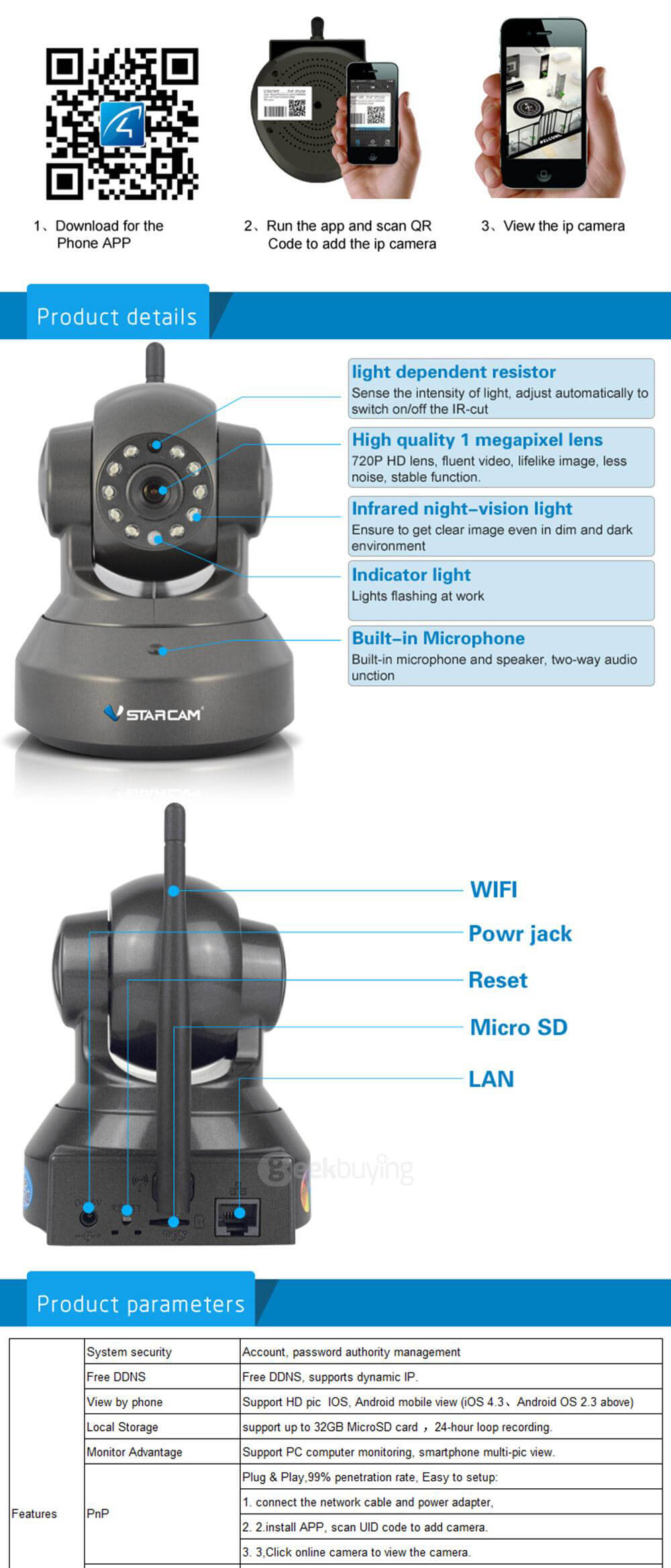 VStarcam C7837WIP IP Camera ONVIF/RTSP Protocol Multi Stream H.264 720P HD Camera - White