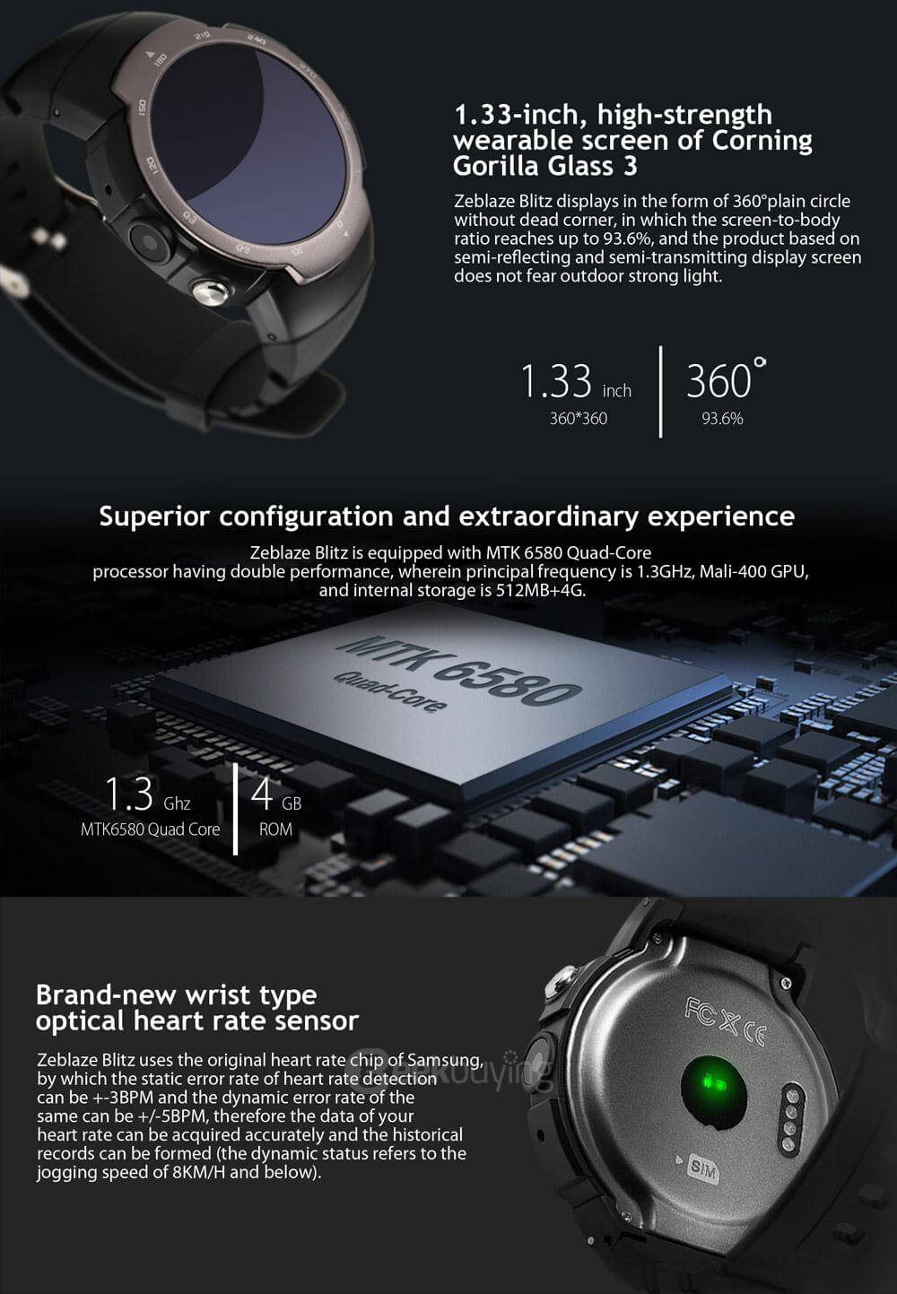 Zeblaze Blitz 3G Smartwatch Phone Android 5.1 MTK6580 Quad Core 1.3GHz 512MB RAM 4GB ROM Bluetooth 4.0 WiFi Google Play GPS Camera - Orange