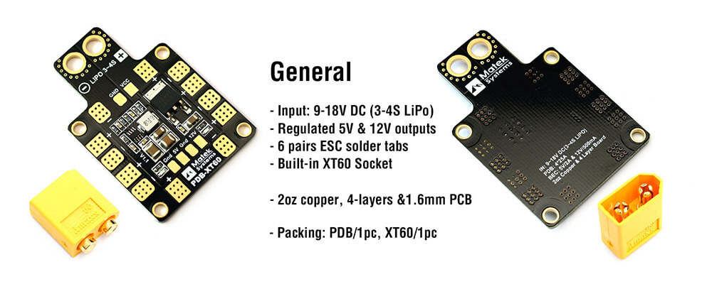 Matek PDB-XT60 Power Distribution Board W/ BEC 5V & 12V 2oz Copper For RC Multirotors