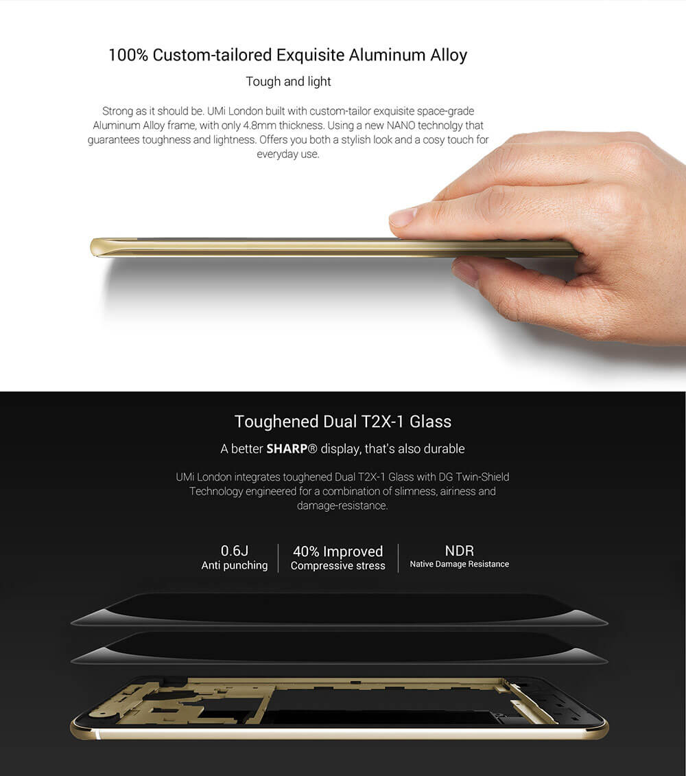 [HK Stock][Package B]UMI LONDON 5.0inch 2.5D HD Screen Android 6.0 3G MT6580 Quad Core 1GB RAM 8GB ROM Smartphone(Gold) + Soft Case + Tempered Glass + Special Gift