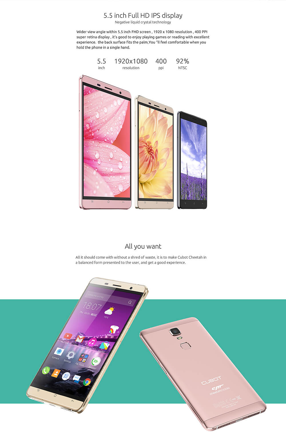 [HK Stock]CUBOT CHEETAH 5.5inch 2.5D FHD 4G LTE Android 6.0 Smartphone MTK6753A Octa Core 3GB 32GB 13.0MP Touch ID Gyroscope Hotknot OTG Metal Body - Rose Gold