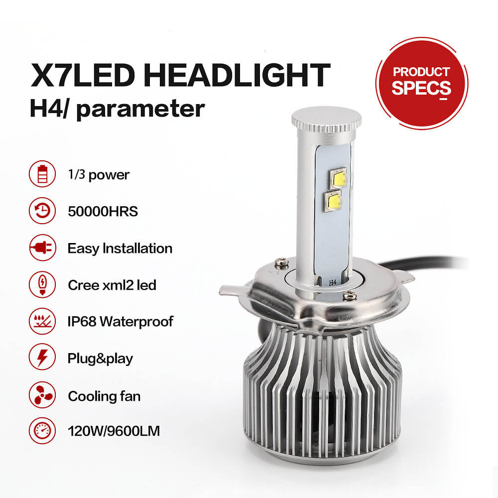 X7 H4-6000K-A 60W 4800LM LED Car Headlight Kit IP68 Auto Lighting System Car LED Bulb