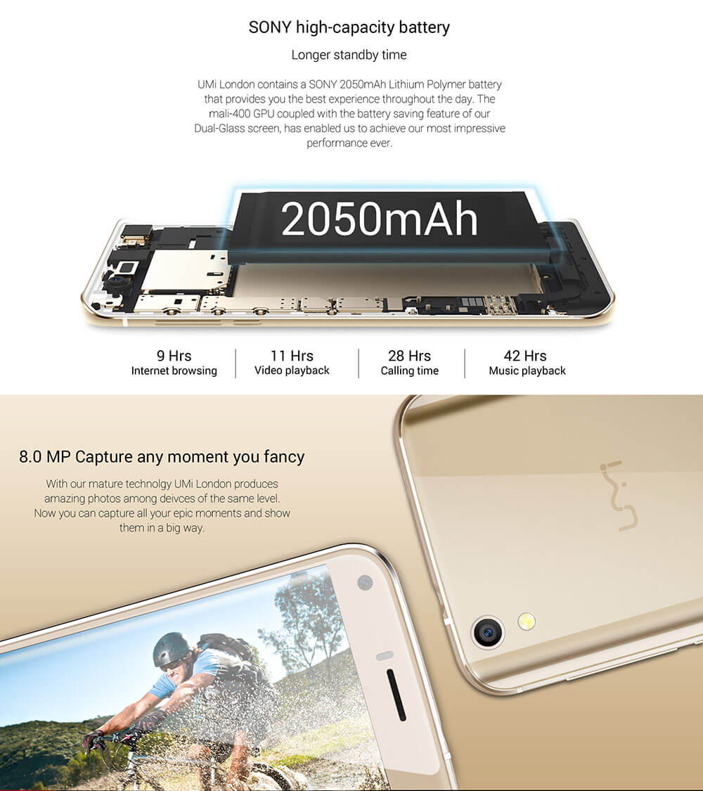 [HK Stock][Package B]UMI LONDON 5.0inch 2.5D HD Screen Android 6.0 3G MT6580 Quad Core 1GB RAM 8GB ROM Smartphone(Gold) + Soft Case + Tempered Glass + Special Gift