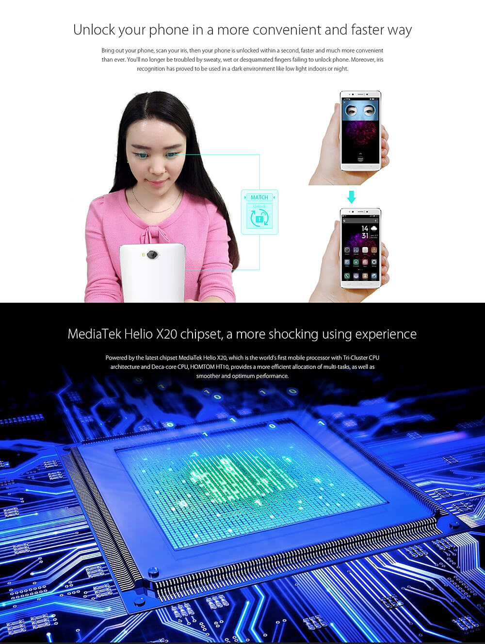 [HK Stock]HOMTOM HT10 5.5inch Android 6.0 Full Network 4G LTE Smartphone Helio X20 MT6797 Deca Core 4GB 32GB 8.0MP 21.0MP Iris Recognition OTG - White