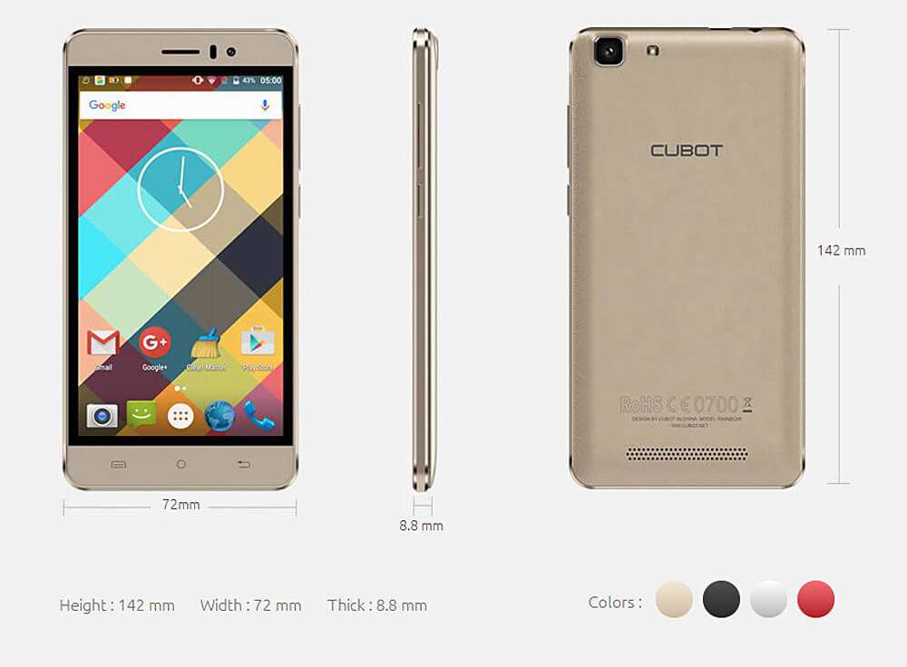 [HK Stock]CUBOT RAINBOW 5.0inch HD Screen 3G Android 6.0 OS Smartphone MT6580 Quad Core 1.3GHz 1GB RAM 16GB ROM 13.0MP Camera OTG Google Play - Black