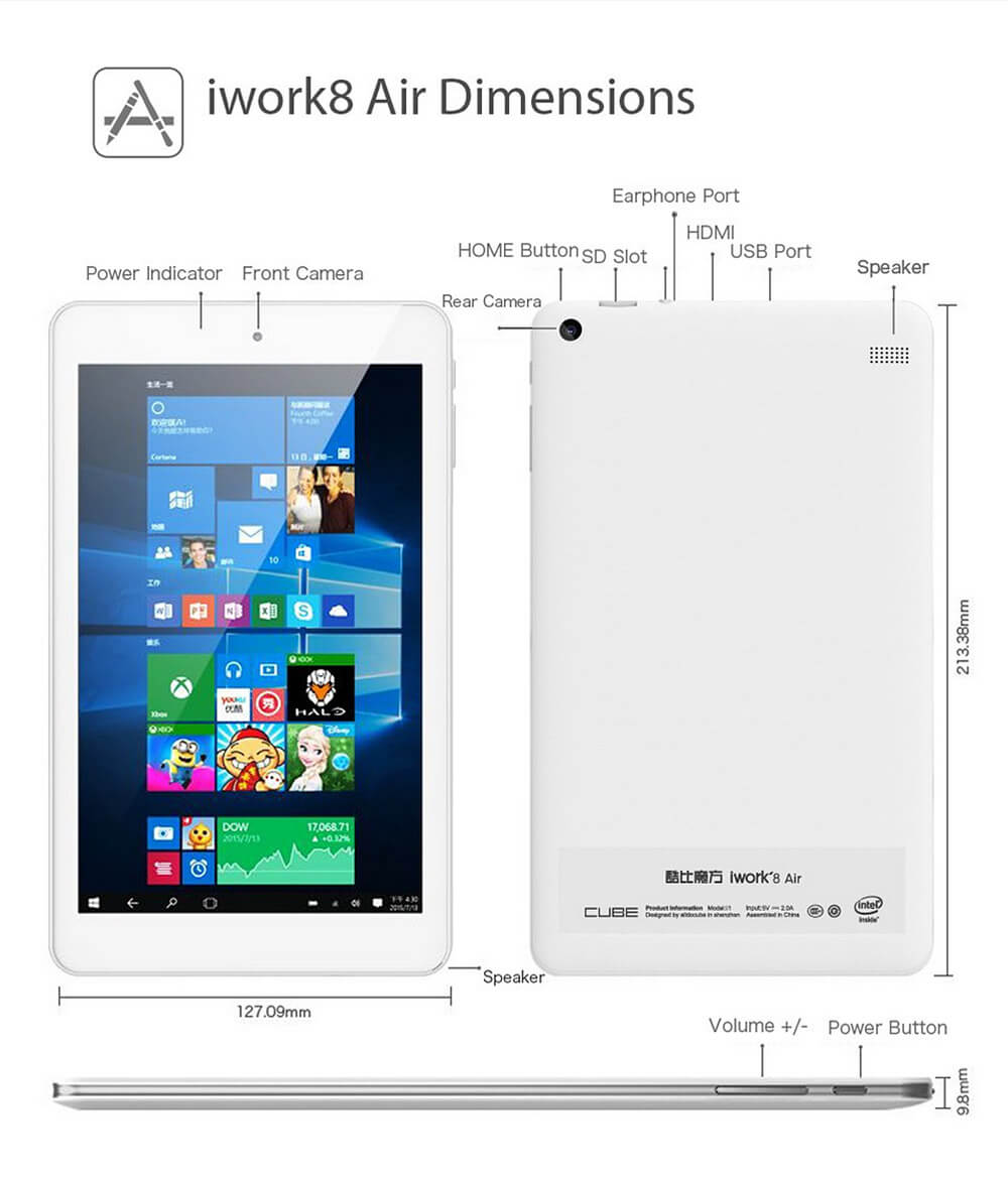 Cube iWork8 Air Tablet 8 inch Intel Cherry Trail Z8300 Dual OS Windows 10 + Android 5.1 2GB/32GB Quad Core 1.84Ghz IPS 1920*1200 - White
