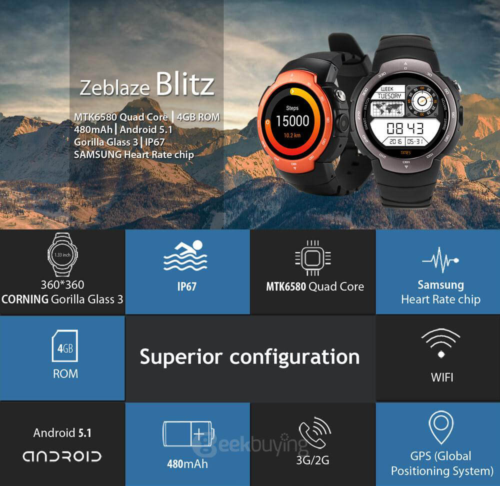 Zeblaze Blitz 3G Smartwatch Phone Android 5.1 MTK6580 Quad Core 1.3GHz 512MB RAM 4GB ROM Bluetooth 4.0 WiFi Google Play GPS Camera - Orange