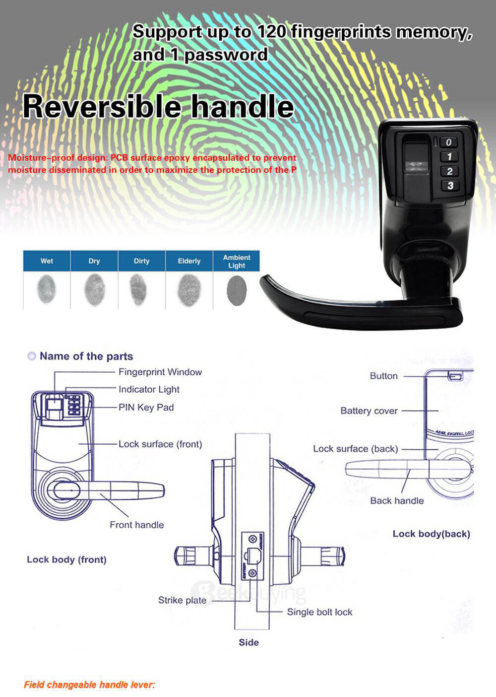 ADEL LS-9 Fingerprint Password Electronic Keyless Door Lock for Home Security - Black