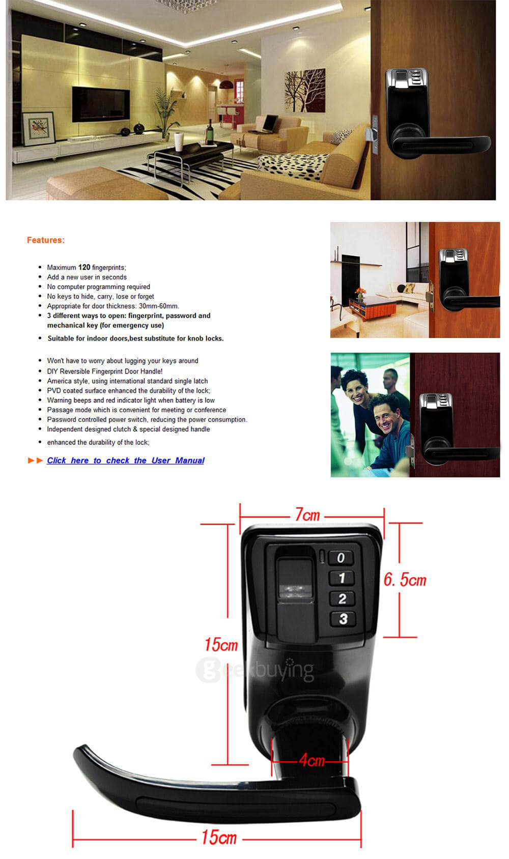 ADEL LS-9 Fingerprint Password Electronic Keyless Door Lock for Home Security - Black