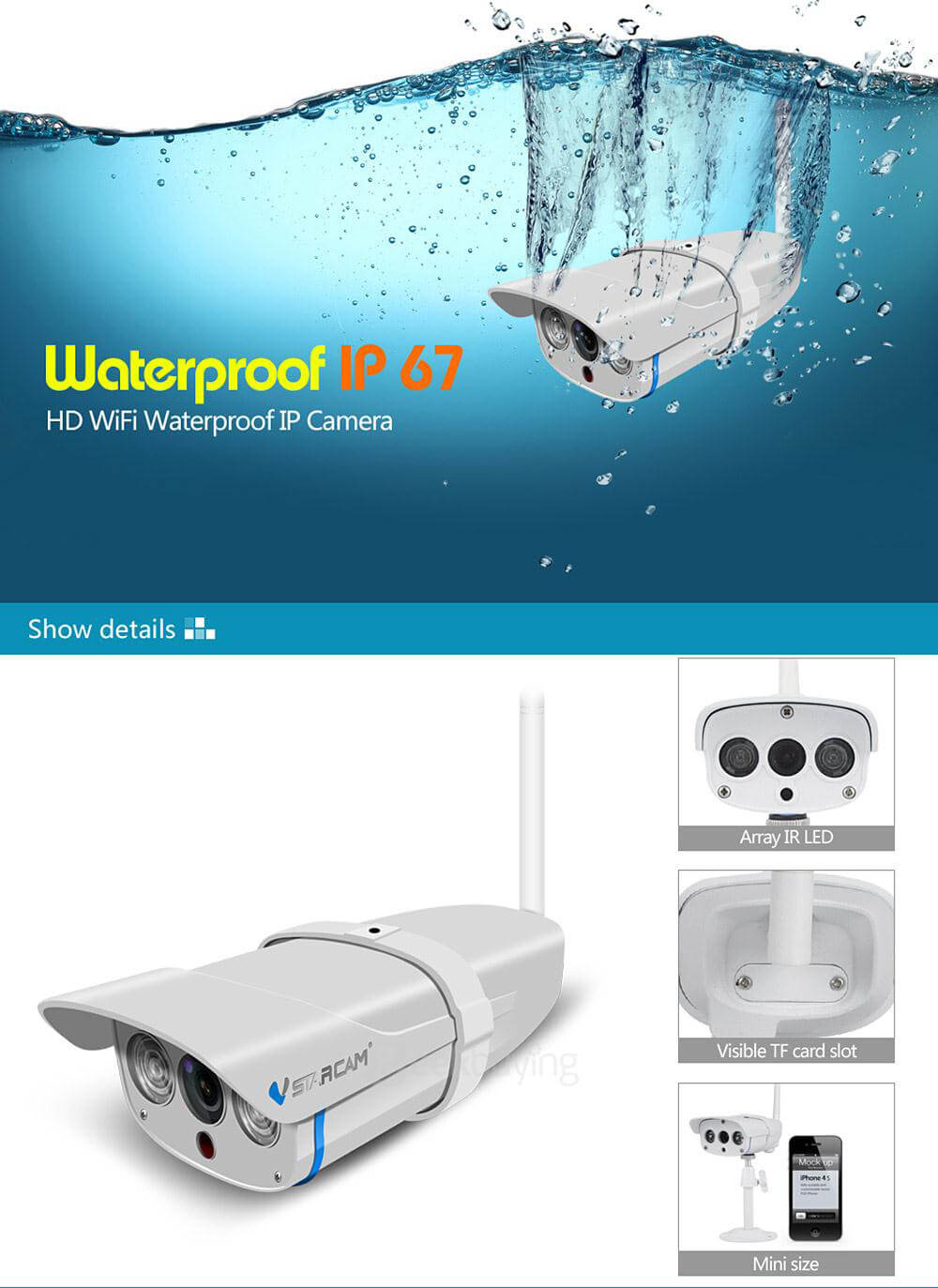 Vstarcam C7816WIP กล้อง IP กันน้ำ IP67 กล้อง 720P HD WiFi H.264 ONVIF Protocol IR-CUT Dual Filter