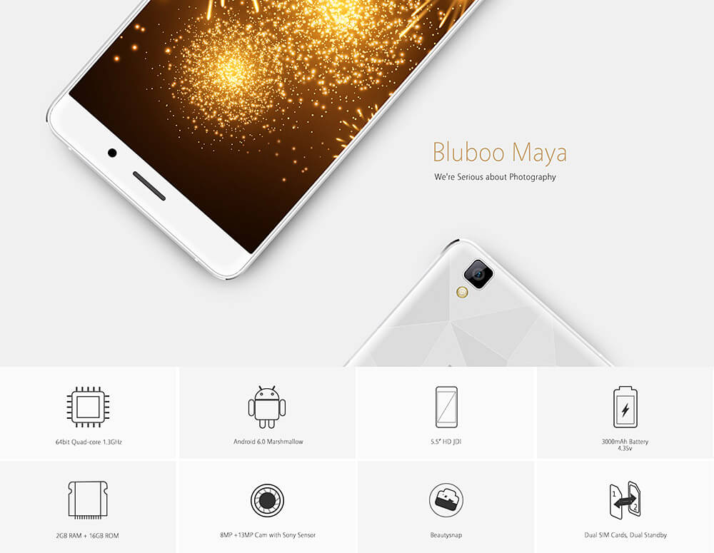 [HK Stock]BLUBOO Maya 5.5inch HD Android 6.0 3G MT6580 64bit Quad Core 2GB+16GB Smartphone(White) + Soft Case(Transparent) + Screen Protector
