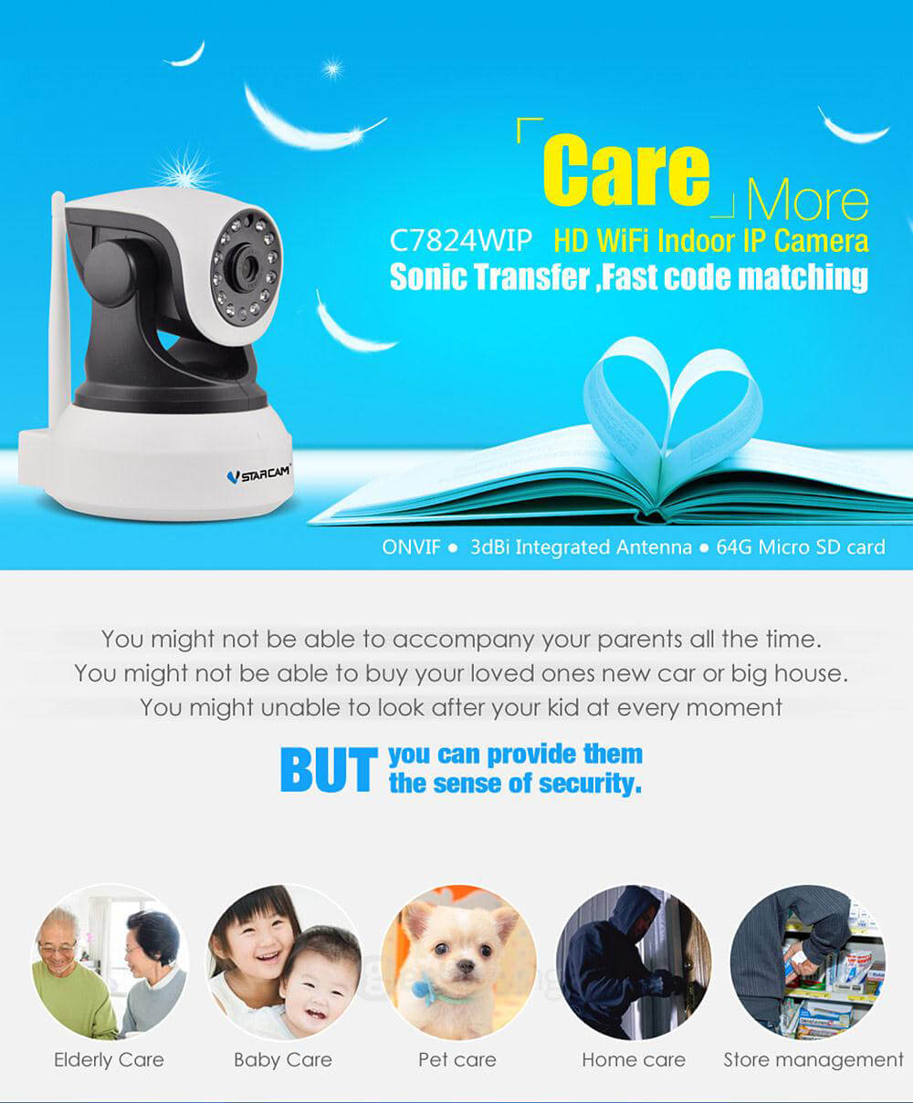 VStarcam C7824WIP HD 720P WiFi Indoor IP Camera ONVIF2.0 Sonic Transfer Fast Code Matching