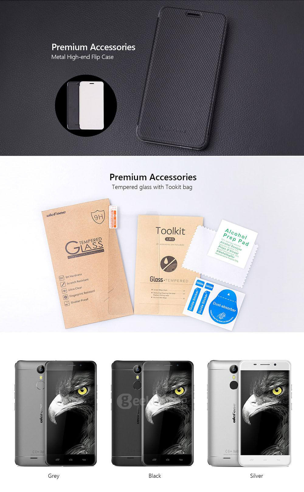 [Spain Stock]Ulefone Metal 5.0inch HD Android 6.0 64bit MTK6753 Octa Core 1.3GHz 3GB 16GB 13.0MP Touch ID OTG Smartphone(Gray) + Leather Case + Tempered Glass