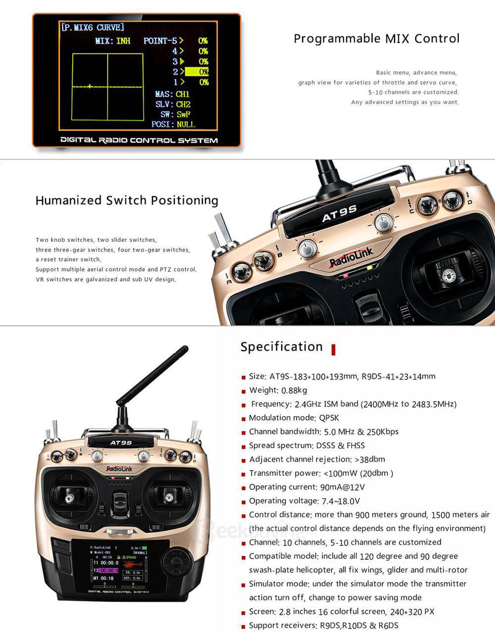 RadioLink AT9S 2.4GHz 10CH Upgrade Transmitter with R9DS DSSS&FHSS Receiver