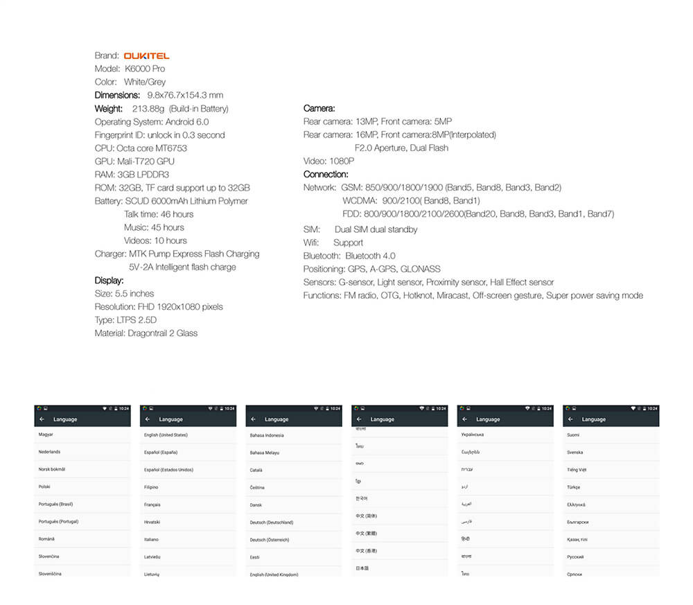 [HK Stock]OUKITEL K6000 Pro 5.5inch LTPS 2.5D FHD 4G 6000mAh Android 6.0 Smartphone 64-Bit MTK6753 Octa Core 3GB 32GB 16.0MP Touch ID Flash Charge OTG - Gold