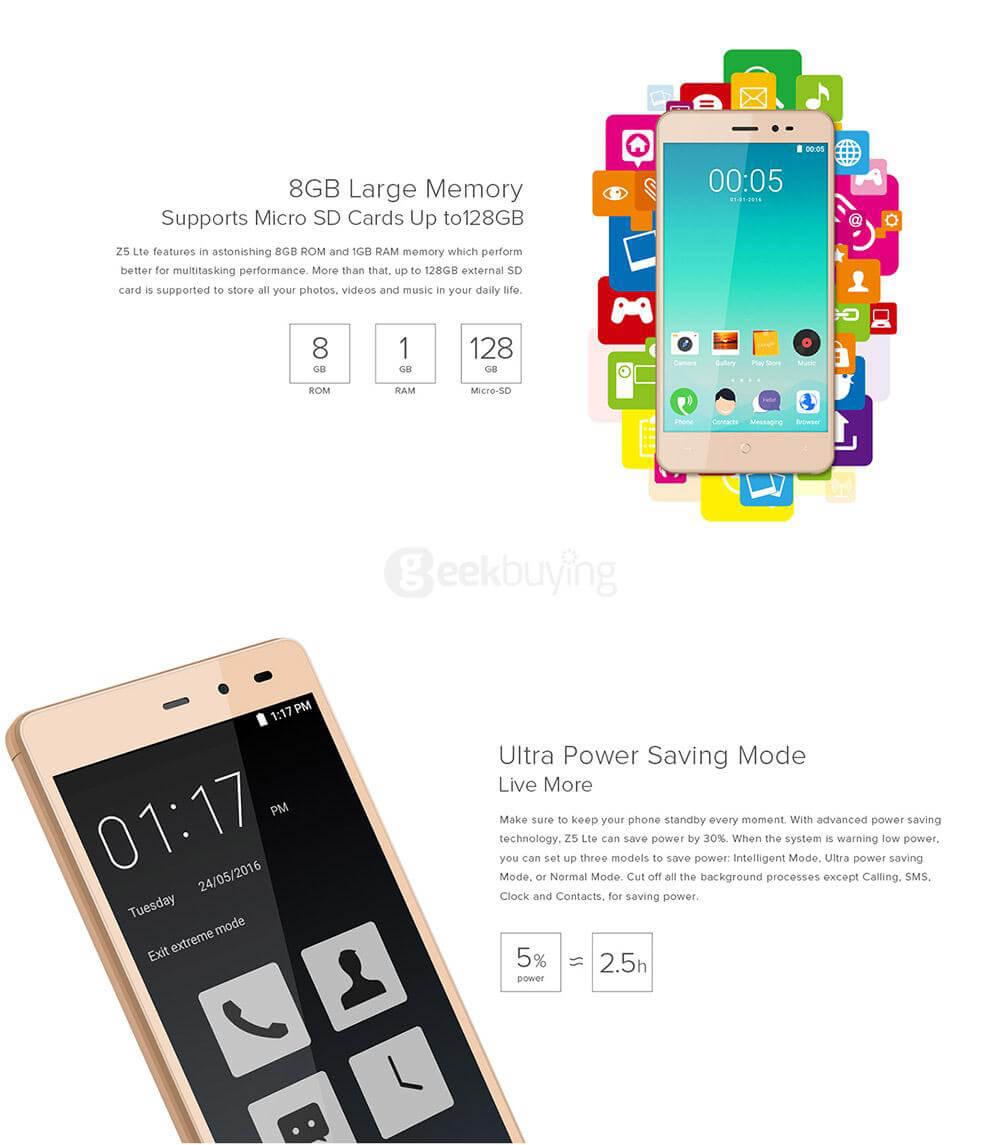 [HK Stock]LEAGOO Z5L 5.0inch 4G LTE Android 6.0 MT6735 Smartphone Quad Core 1.0GHz 1GB RAM 8GB ROM 5.0MP Dual SIM WIFI GPS - Gold