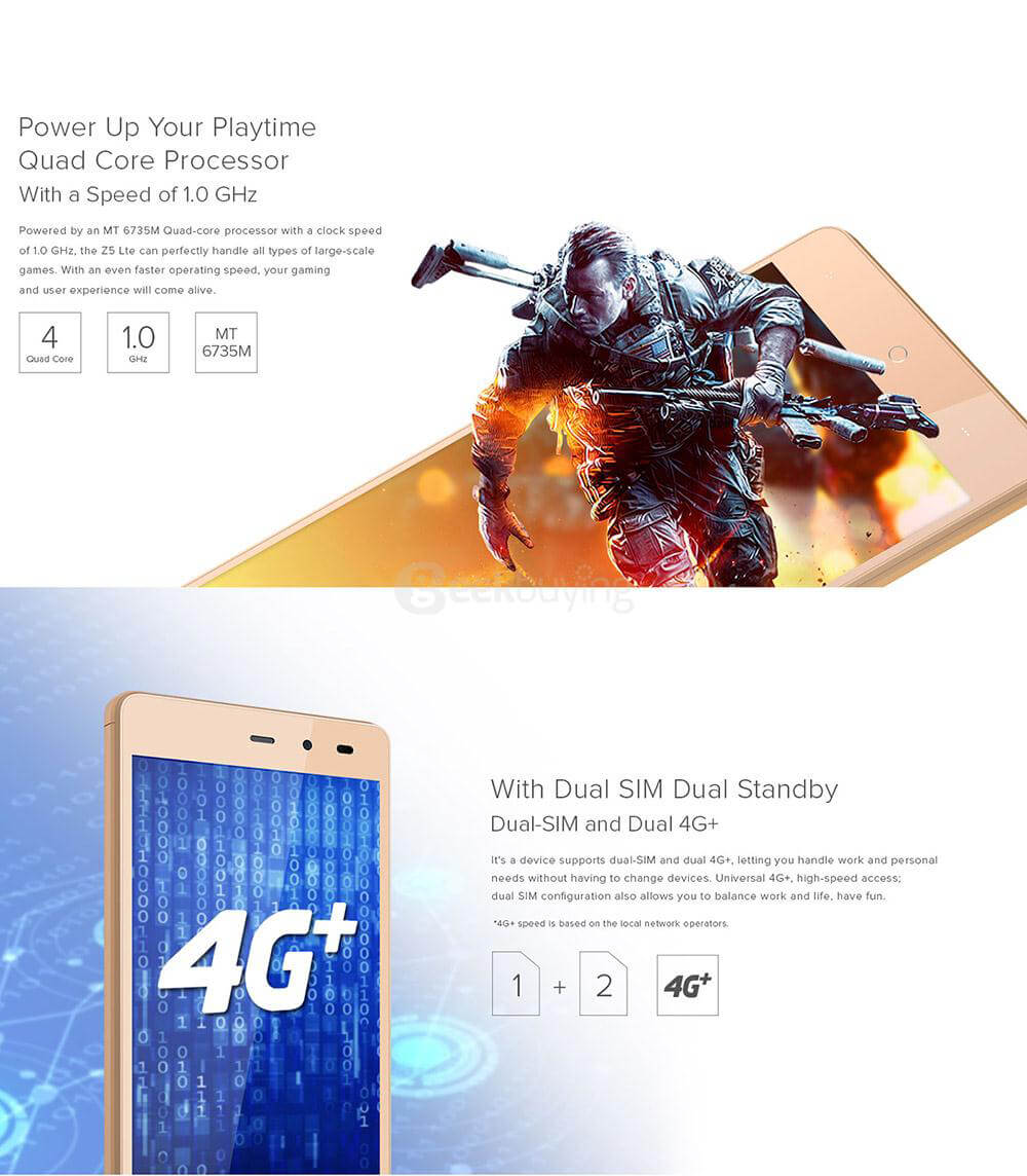 [HK Stock]LEAGOO Z5L 5.0inch 4G LTE Android 6.0 MT6735 Smartphone Quad Core 1.0GHz 1GB RAM 8GB ROM 5.0MP Dual SIM WIFI GPS - Black