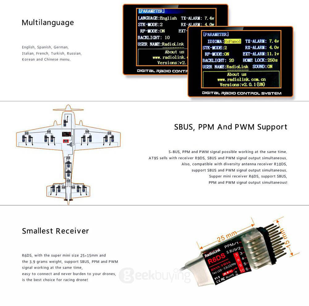 RadioLink AT9S 2.4GHz 10CH Upgrade Transmitter with R9DS DSSS&FHSS Receiver