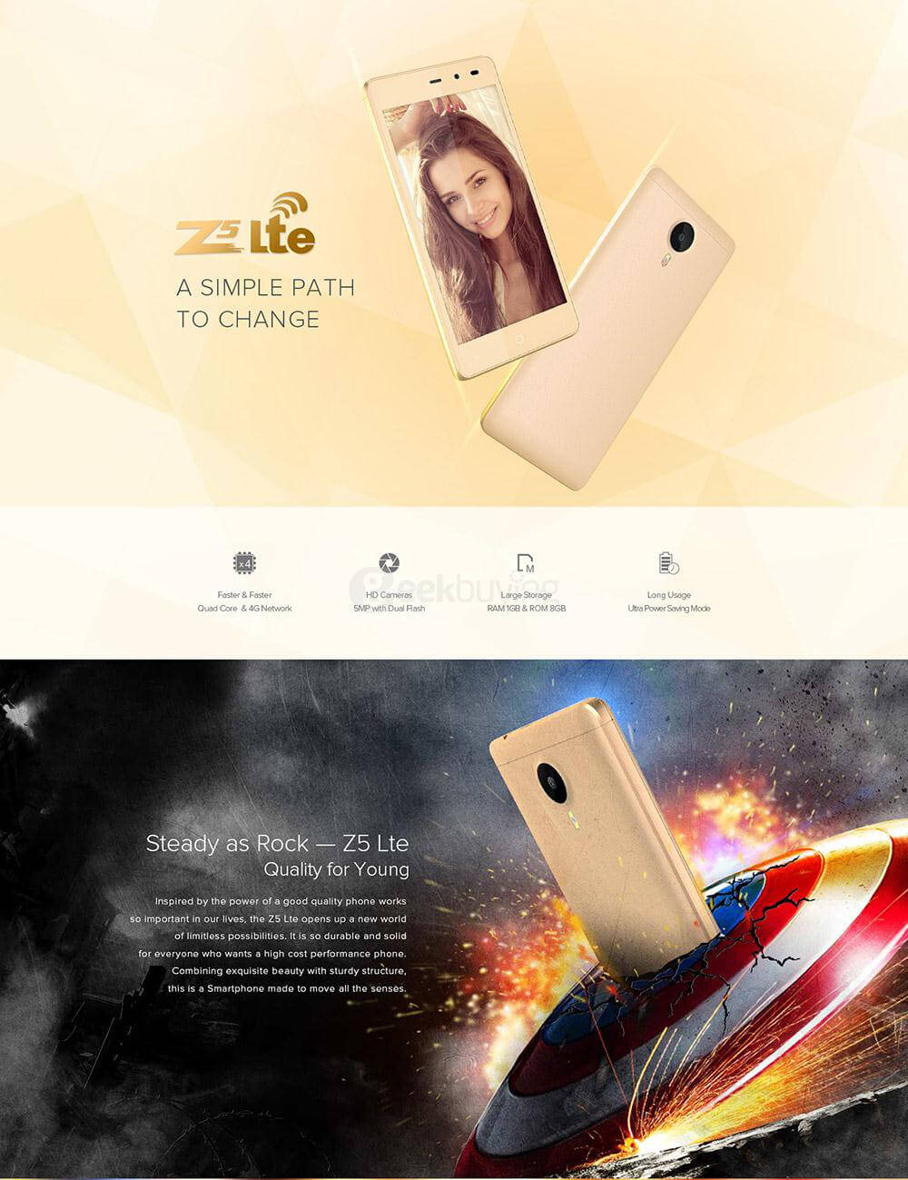 [HK Stock]LEAGOO Z5L 5.0inch 4G LTE Android 6.0 MT6735 Smartphone Quad Core 1.0GHz 1GB RAM 8GB ROM 5.0MP Dual SIM WIFI GPS - Gold