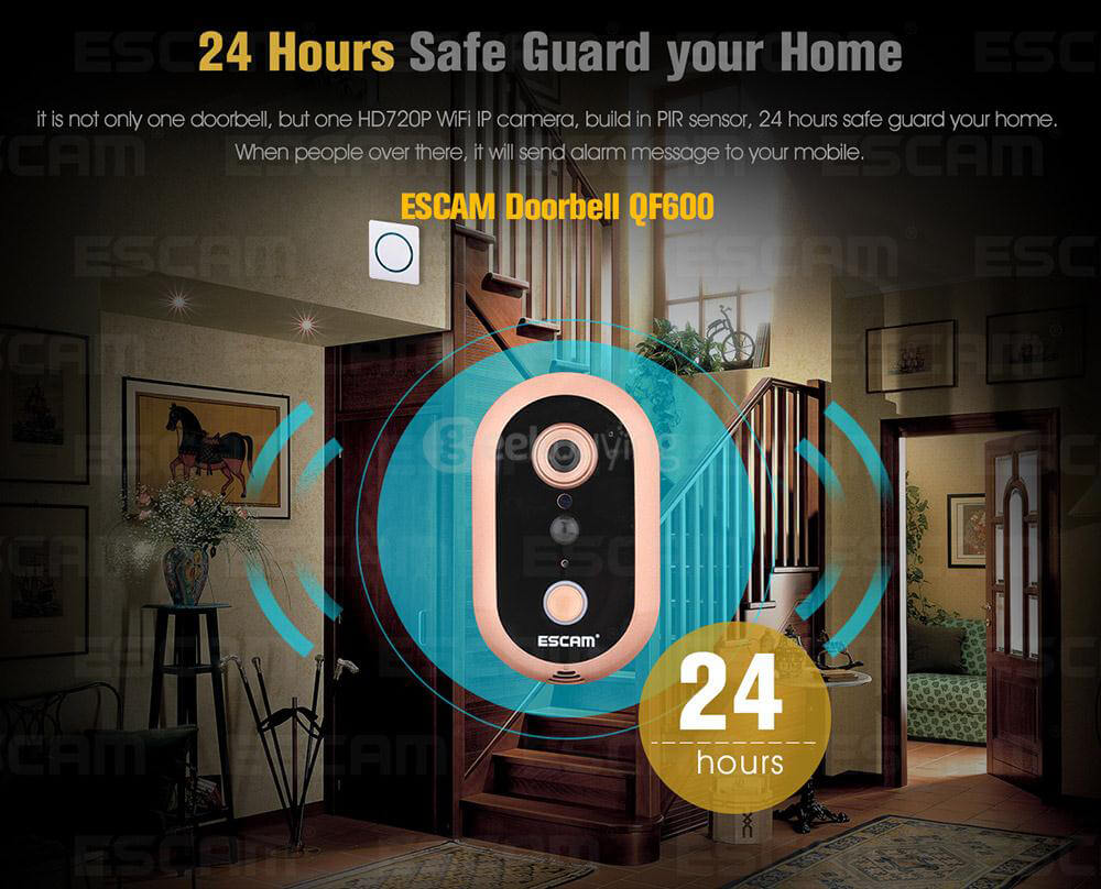 ESCAM QF600 Smart WiFi Doorbell IP Camera 720P HD Wireless Doorbell - Golden