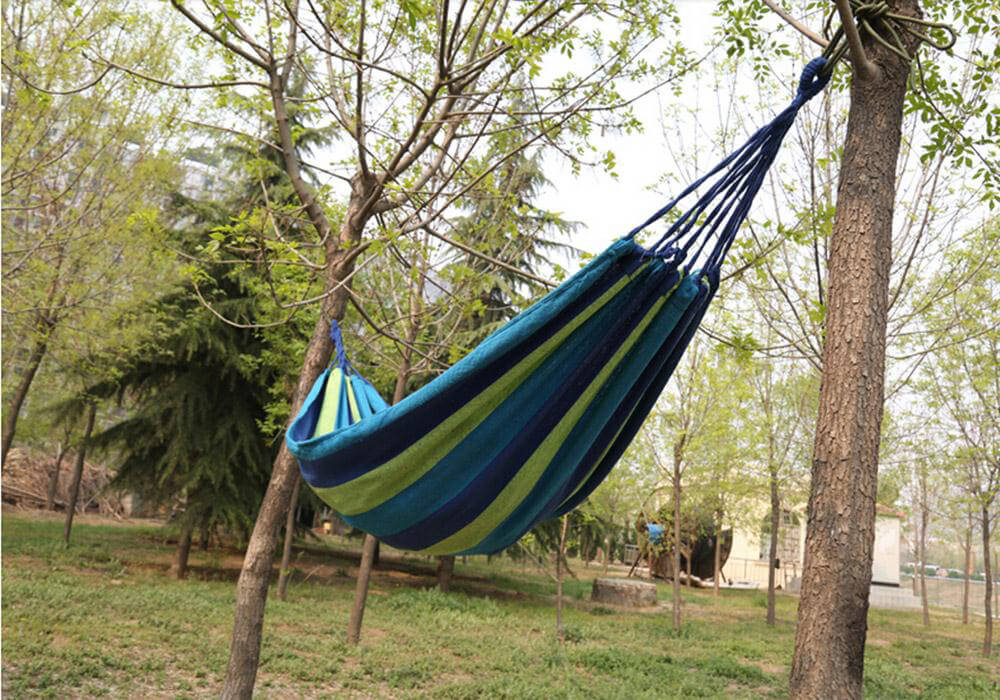 Outdoor Colorful Stripe Canvas Hammock Single Person Hammock for Camping Hiking Picnic - Blue