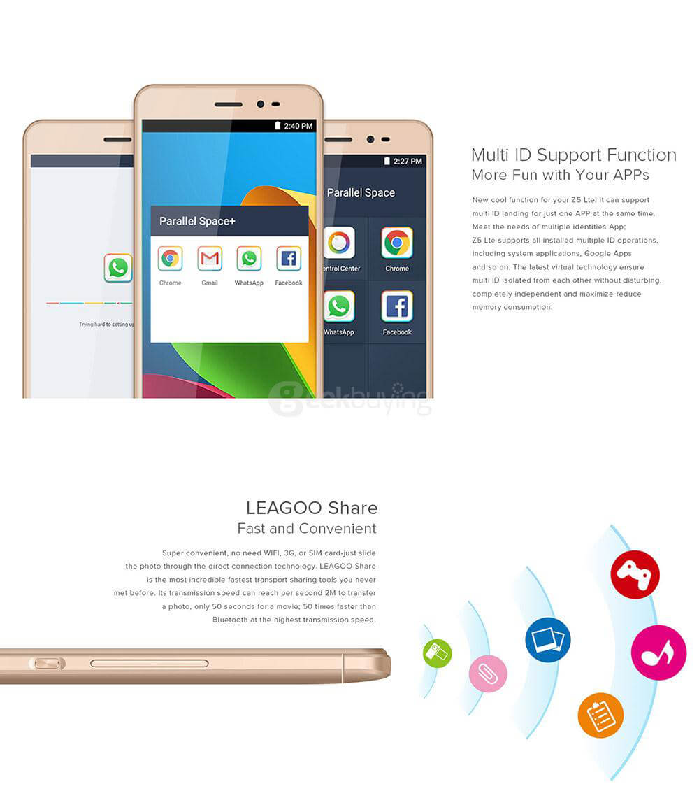 [HK Stock]LEAGOO Z5L 5.0inch 4G LTE Android 6.0 MT6735 Smartphone Quad Core 1.0GHz 1GB RAM 8GB ROM 5.0MP Dual SIM WIFI GPS - Gold