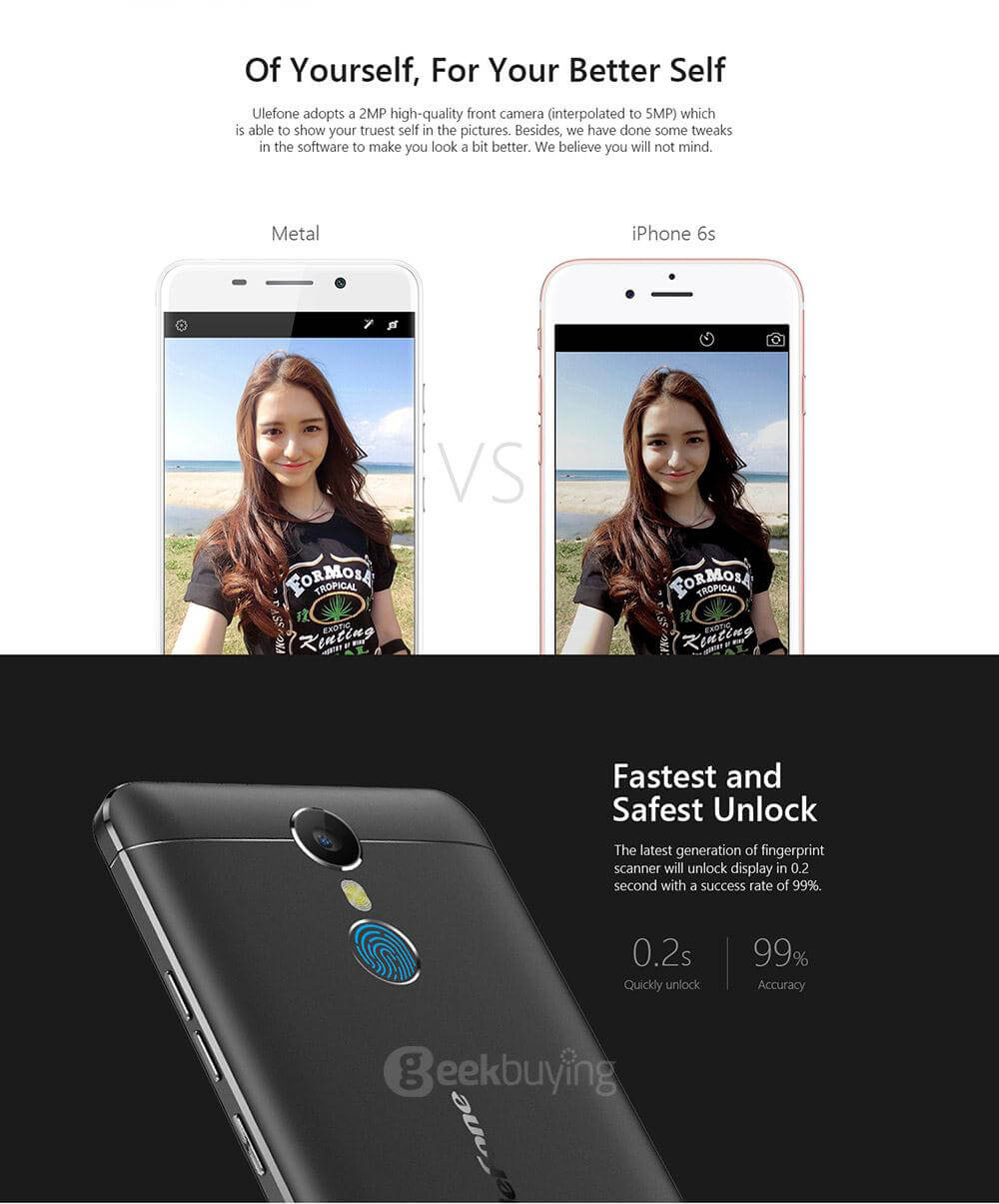 [HK Stock]Ulefone Metal 5.0inch HD Android 6.0 64bit MTK6753 Octa Core 1.3GHz 3GB 16GB 13.0MP Touch ID OTG Smartphone(Gray) + Leather Case + Tempered Glass