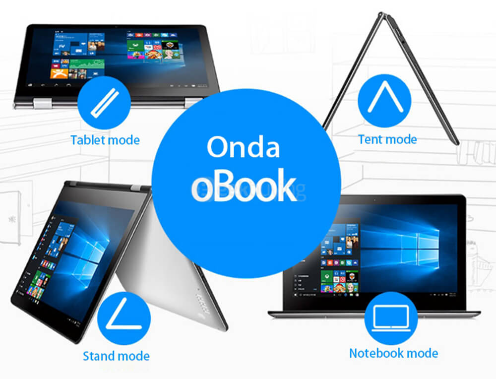 Onda oBook 11 Ultrabook Laptop 11.6 inch WINDOWS 10 + ANDROID 5.0 4GB/64GB Intel Cherry Trail Z8300 Quad Core 1.84GHz IPS 1920*1080 - Silver