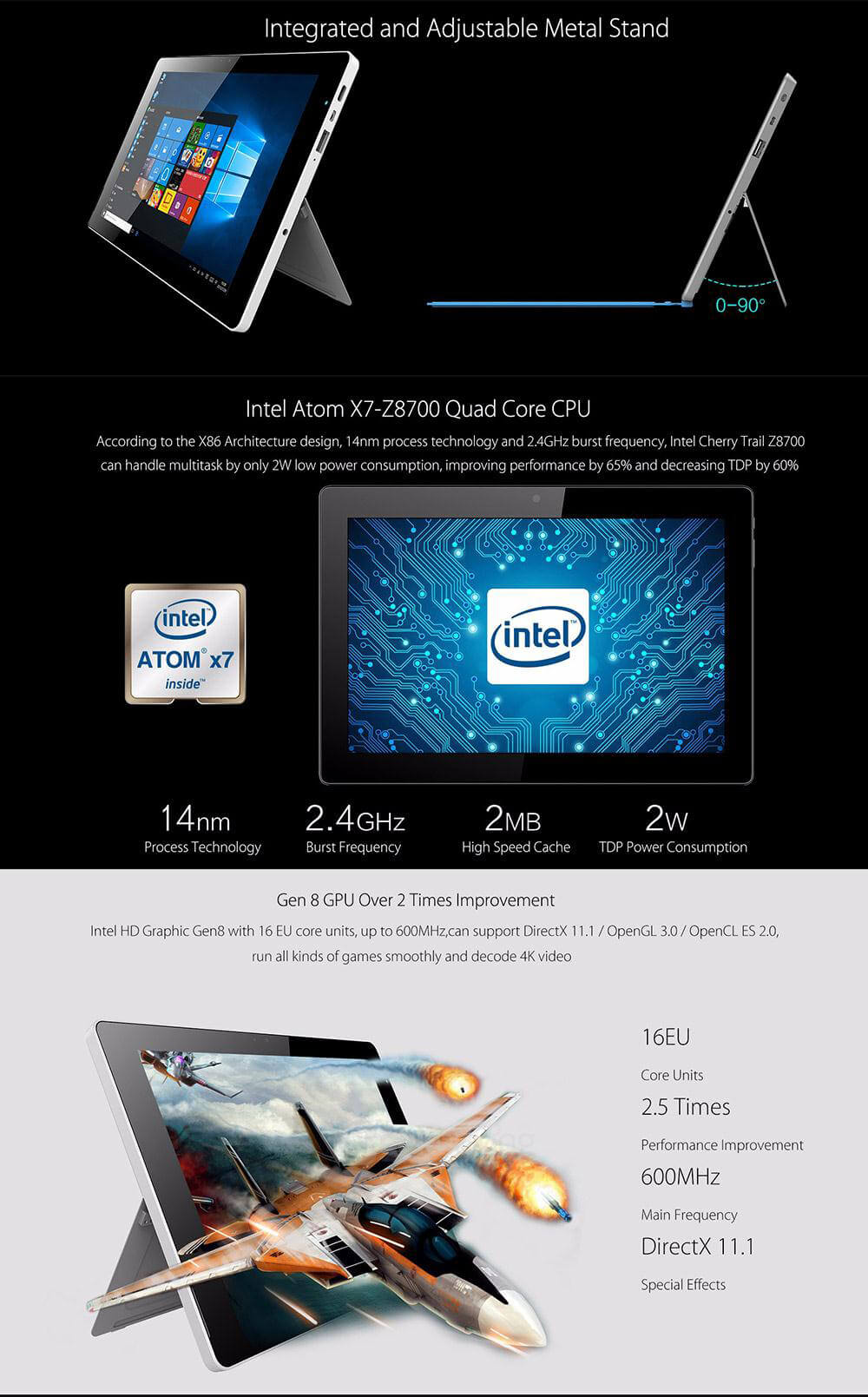 Vido W10 Elite Version Tablet 10.1 inch Windows 10 4GB/128GB Intel Cherry Trail X7 Z8700 Quad Core 2.4GHz IPS 1920*1200 Type-C Dual WiFi - Black