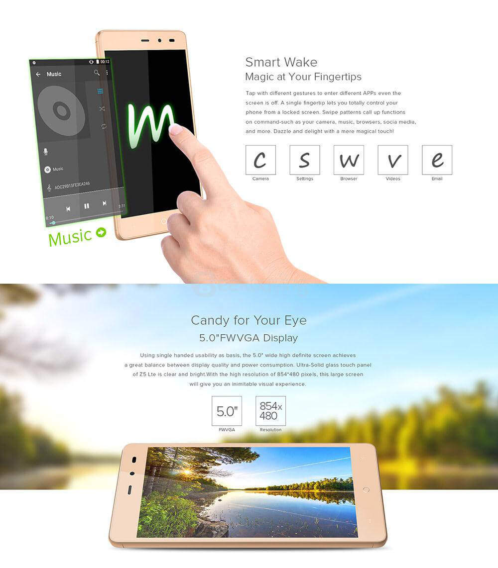 [HK Stock]LEAGOO Z5L 5.0inch 4G LTE Android 6.0 MT6735 Smartphone Quad Core 1.0GHz 1GB RAM 8GB ROM 5.0MP Dual SIM WIFI GPS - Gold