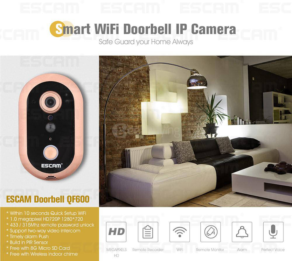 ESCAM QF600 Smart WiFi Doorbell IP Camera 720P HD Wireless Doorbell - Golden