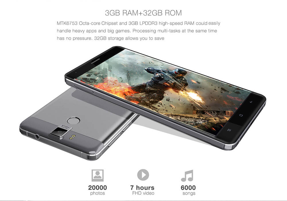 [Spain Stock]OUKITEL K6000 Pro 5.5inch LTPS 2.5D FHD 4G 6000mAh Android 6.0 Smartphone 64-Bit MTK6753 Octa Core 3GB 32GB 16.0MP Touch ID Flash Charge OTG - Grey