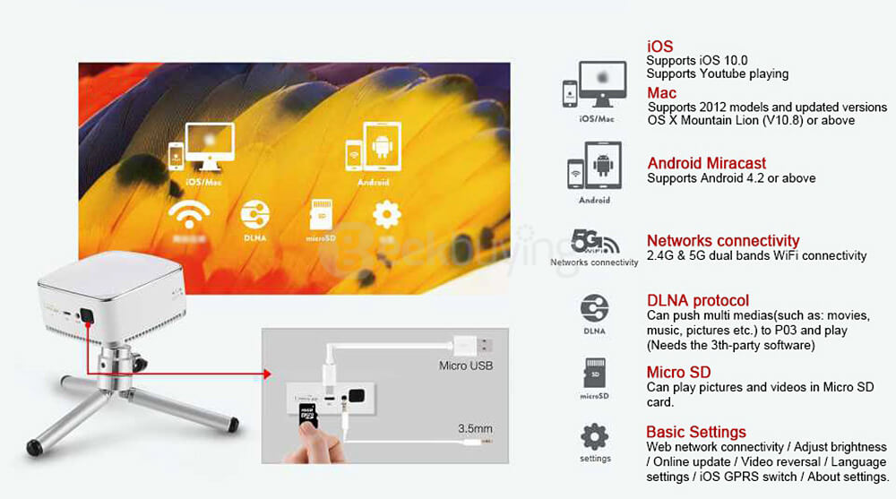 P03 Portable Pico DLP Projector 1080P HD Multi-media 120