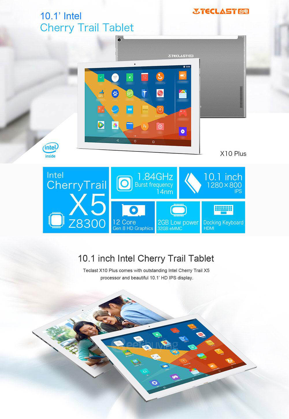 Teclast X10 Plus 10.1 inch Android 5.1 2GB/32GB 2 in 1 Tablet  PC Intel Cherry Trail Z8300 Quad Core 1.84GHz IPS 1280*800 - Gray