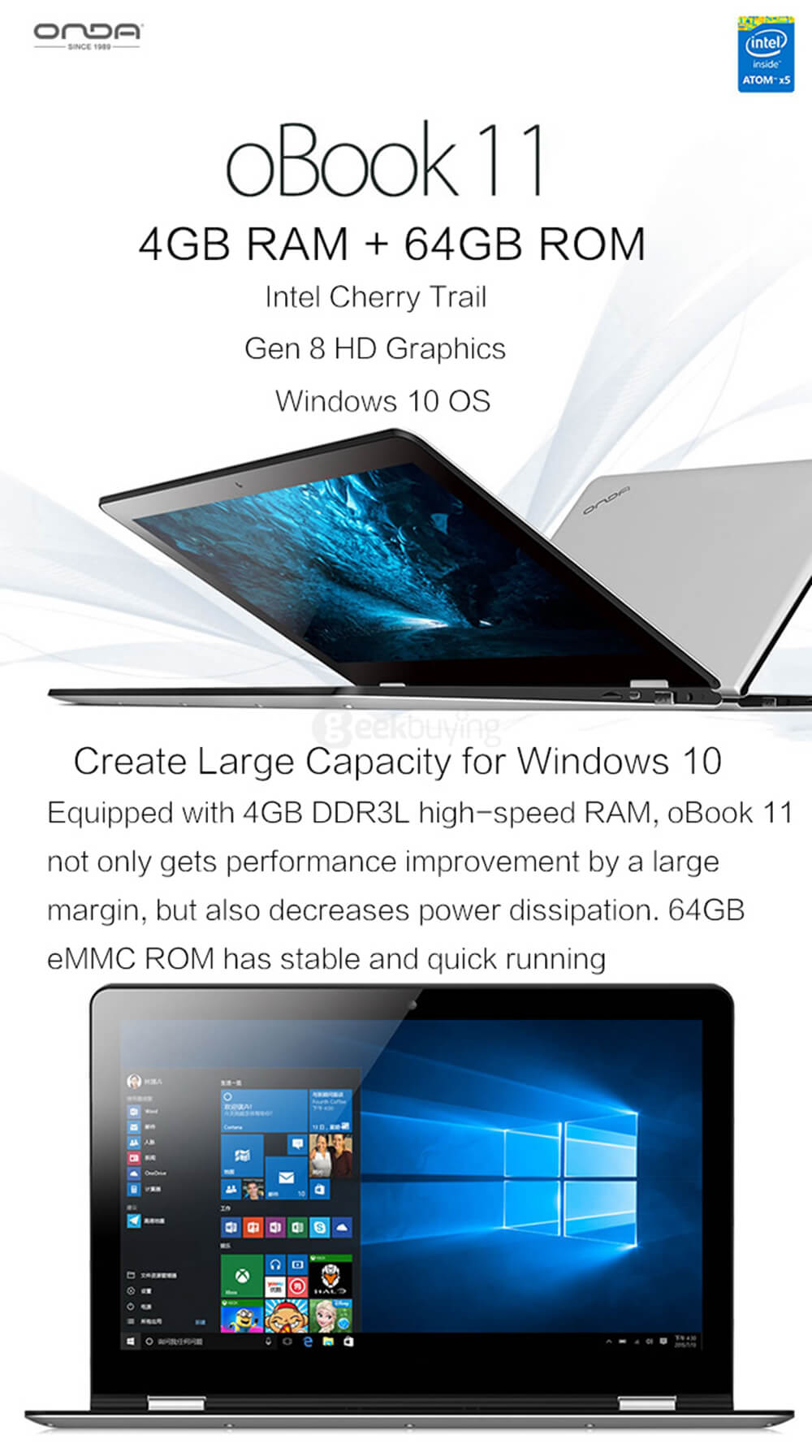 Onda oBook 11 Ultrabook Laptop 11.6 inch WINDOWS 10 + ANDROID 5.0 4GB/64GB Intel Cherry Trail Z8300 Quad Core 1.84GHz IPS 1920*1080 - Silver