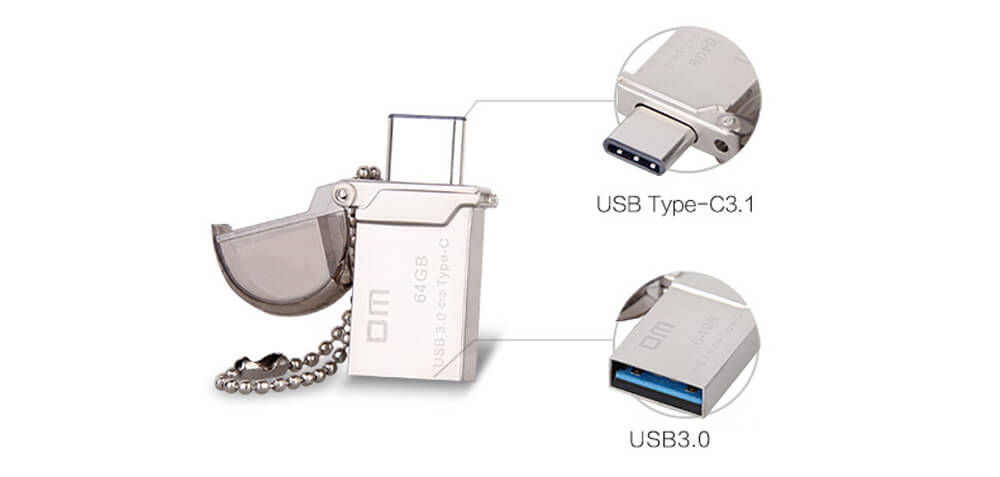 DM PD019 64GB Metal U Disk with USB 3.0 & Micro USB OTG Type-C 3.1 Dual Interfaces Flash Drive - Silver
