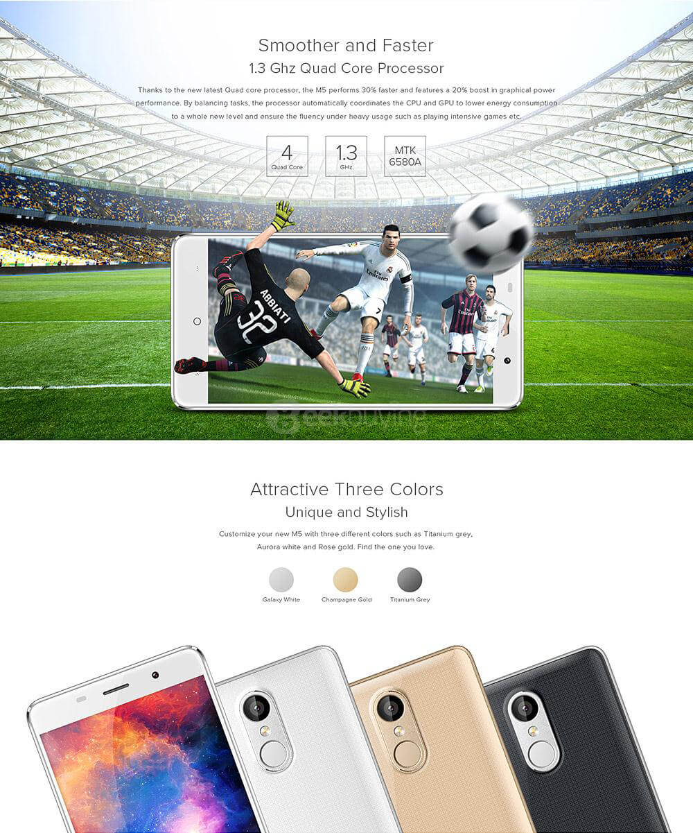 [HK Stock]LEAGOO M5 5.0inch HD 2.5D Arc Screen Android 6.0 Smartphone MT6580A Quad Core 1.3GHz 2GB RAM 16GB ROM 5.0MP 8.0MP TOUCH ID - Gray