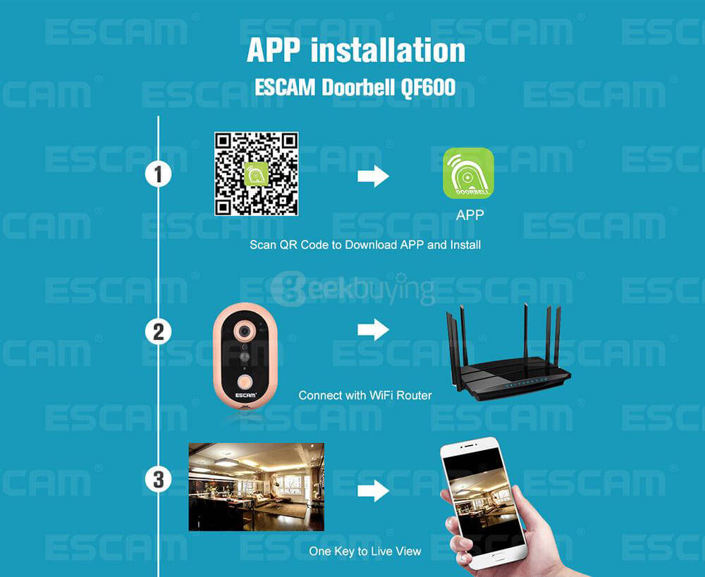 ESCAM QF600 Smart WiFi Doorbell IP Camera 720P HD Wireless Doorbell - Golden