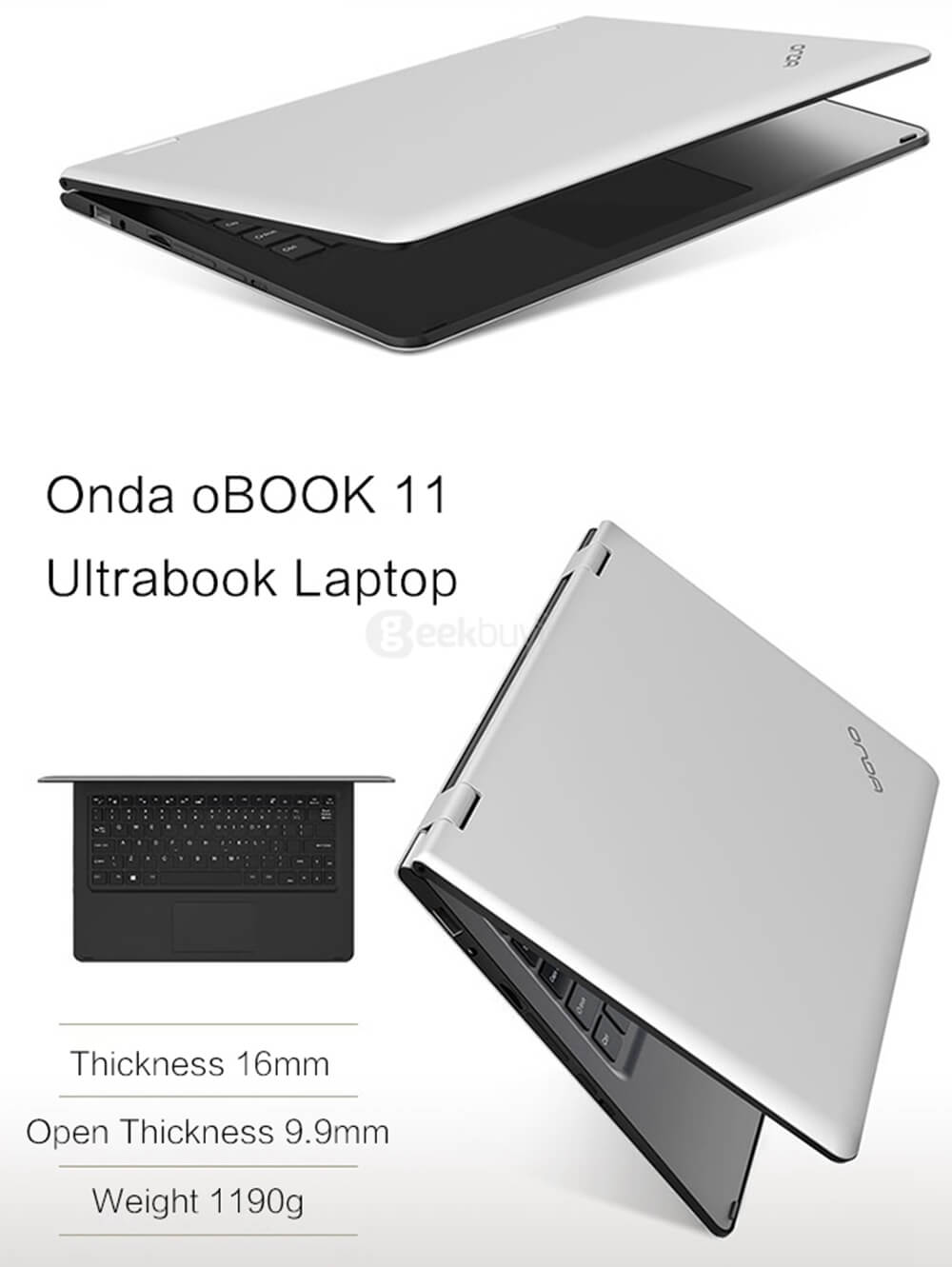 Onda oBook 11 Ultrabook Laptop 11.6 inch WINDOWS 10 + ANDROID 5.0 4GB/64GB Intel Cherry Trail Z8300 Quad Core 1.84GHz IPS 1920*1080 - Silver