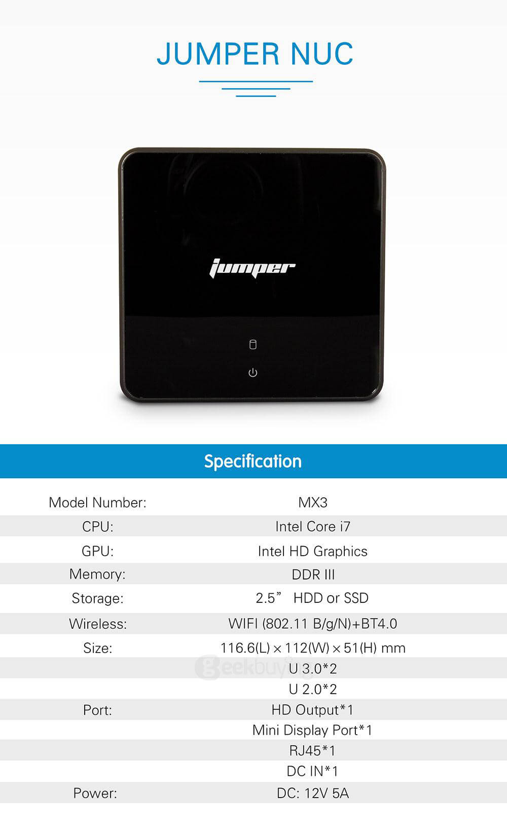 Jumper MX3 Intel Core i7-4500U Barebone MINI PC without RAM and HDD 802.11 b/g/n LAN Bluetooth4.0