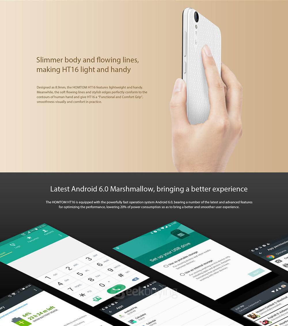 [HK Stock]HOMTOM HT16 5.0inch HD Screen 3G Android 6.0 Smartphone MT6580 Quad Core 1GB RAM 8GB ROM Dual Cameras 3000mAh GPS - Black