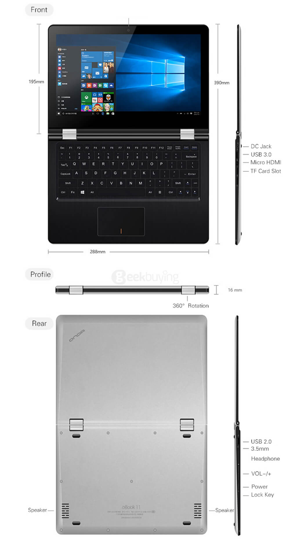 Onda oBook 11 Ultrabook Laptop 11.6 inch WINDOWS 10 + ANDROID 5.0 4GB/64GB Intel Cherry Trail Z8300 Quad Core 1.84GHz IPS 1920*1080 - Silver