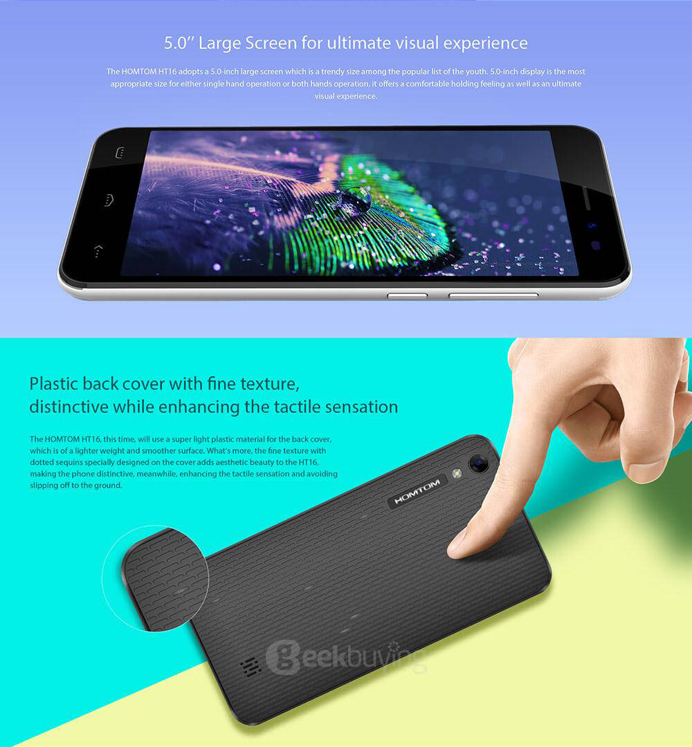 [HK Stock]HOMTOM HT16 5.0inch HD Screen 3G Android 6.0 Smartphone MT6580 Quad Core 1GB RAM 8GB ROM Dual Cameras 3000mAh GPS - Blue