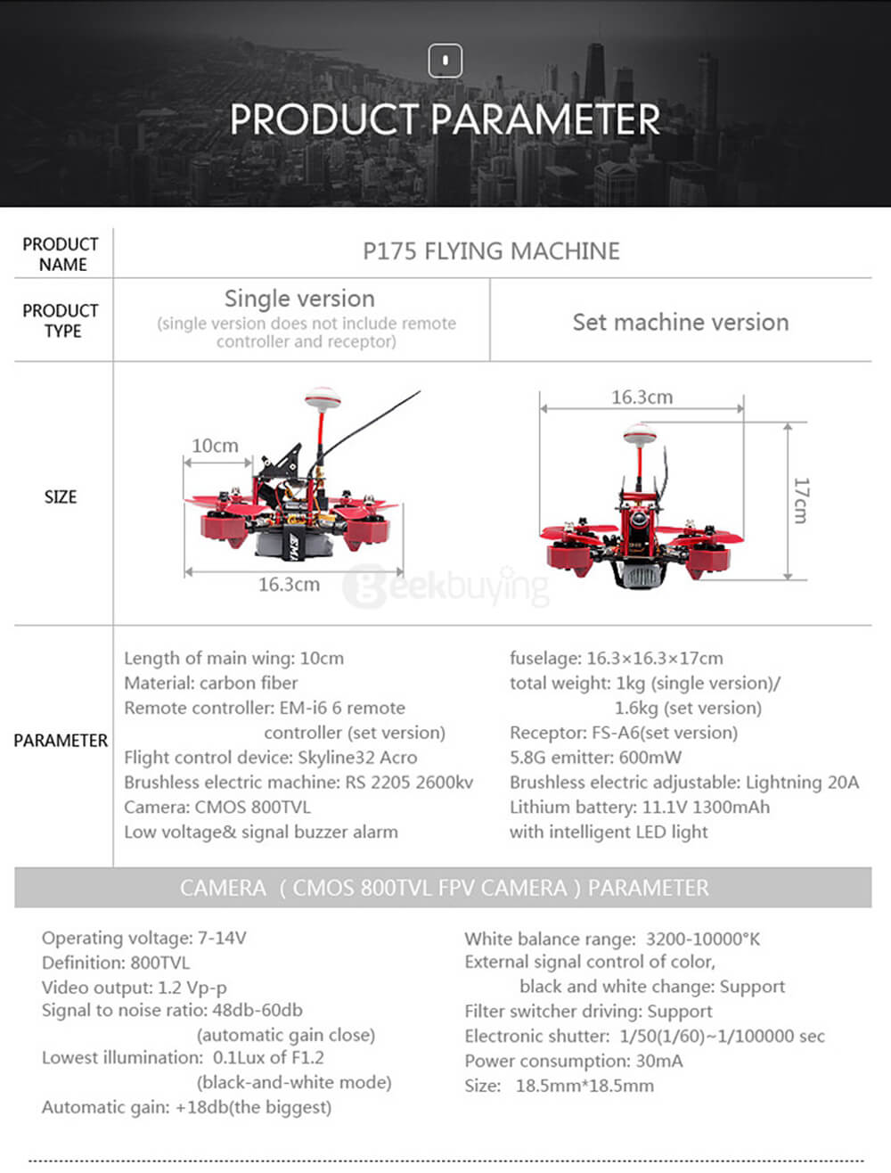JJRC JJPRO P175 5.8G 48CH Raceband FPV With Skyline32 CMOS 800TVL Camera RC Racing Drone RTF