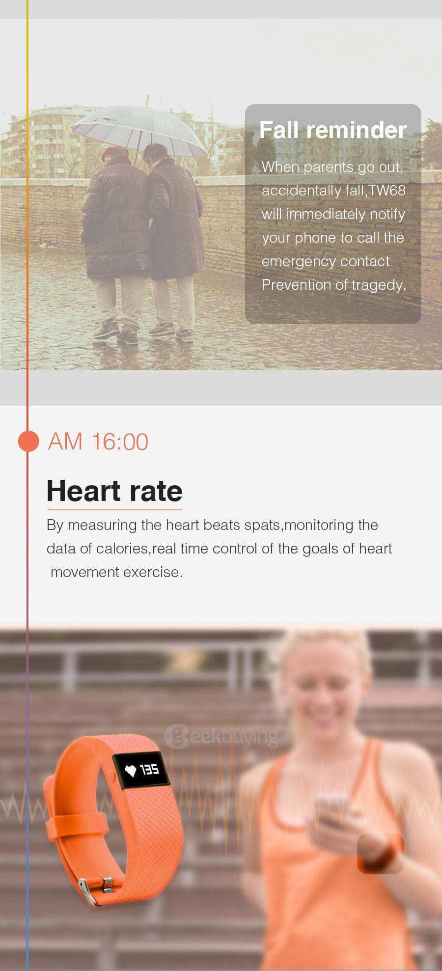 TW68 Bluetooth Smart Bracelet With Blood Pressure Heart Rate Measurement / Pedometer / Sleep Tracker / Fall Reminder / Call Notification For Android iOS - Green