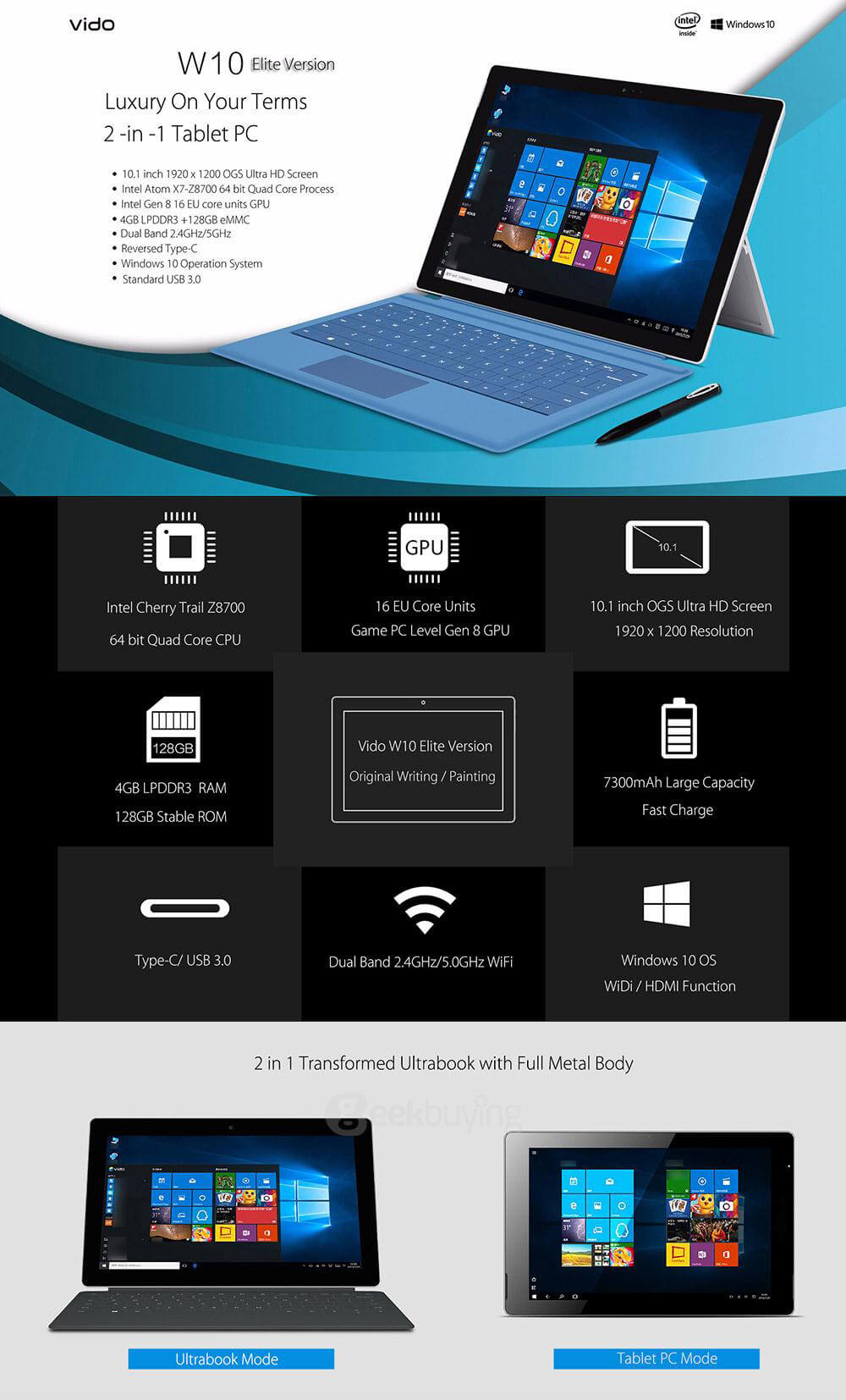 Vido W10 Elite Version Tablet 10.1 inch Windows 10 4GB/128GB Intel Cherry Trail X7 Z8700 Quad Core 2.4GHz IPS 1920*1200 Type-C Dual WiFi - Black