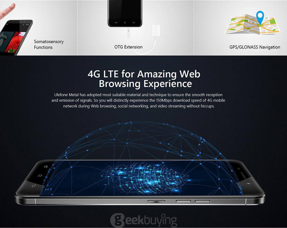 [Spain Stock]Ulefone Metal 5.0inch HD Android 6.0 64bit MTK6753 Octa Core 1.3GHz 3GB 16GB 13.0MP Touch ID OTG Smartphone(Gray) + Leather Case + Tempered Glass